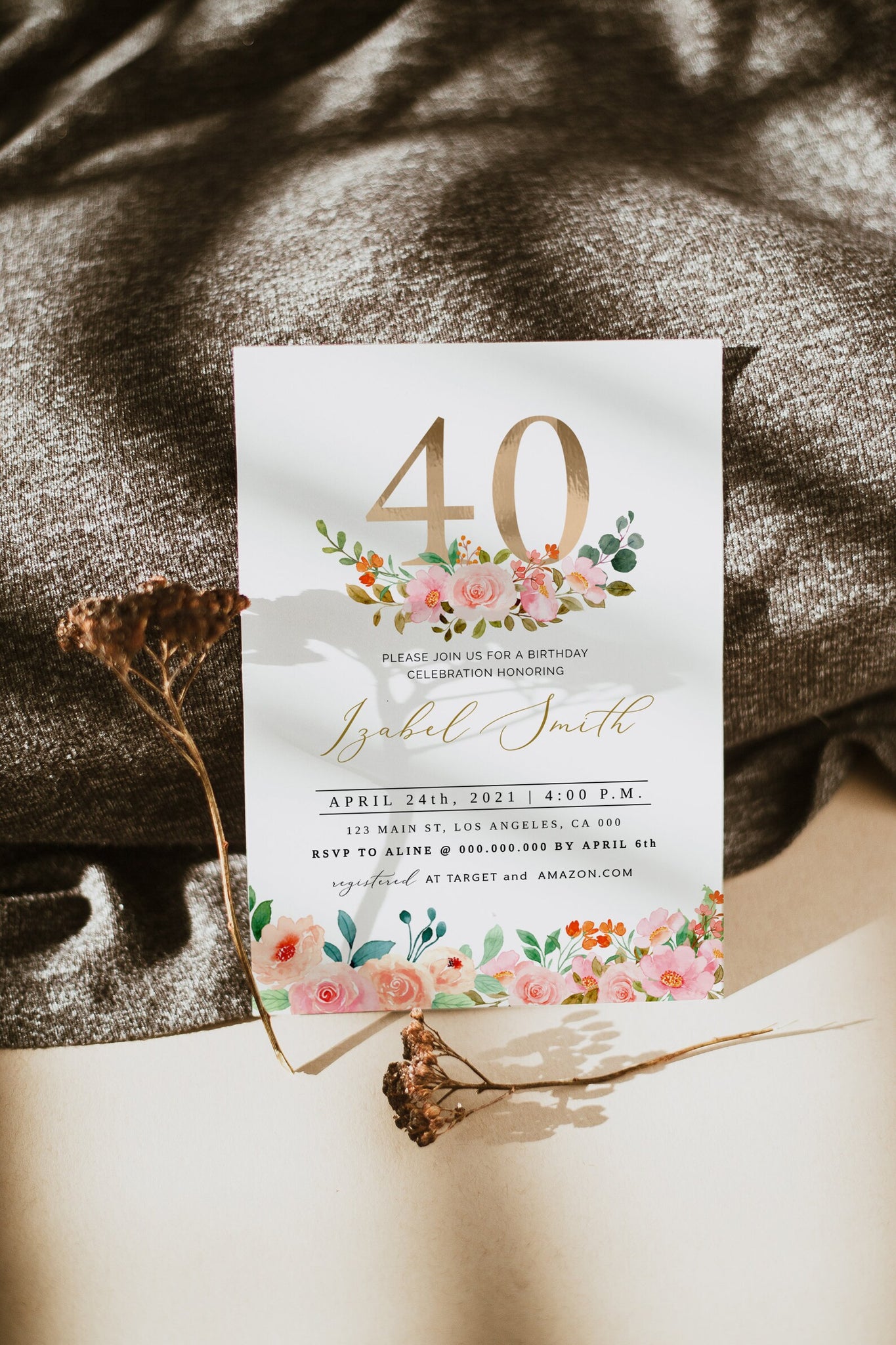 40th Birthday Invitation Floral Watercolor