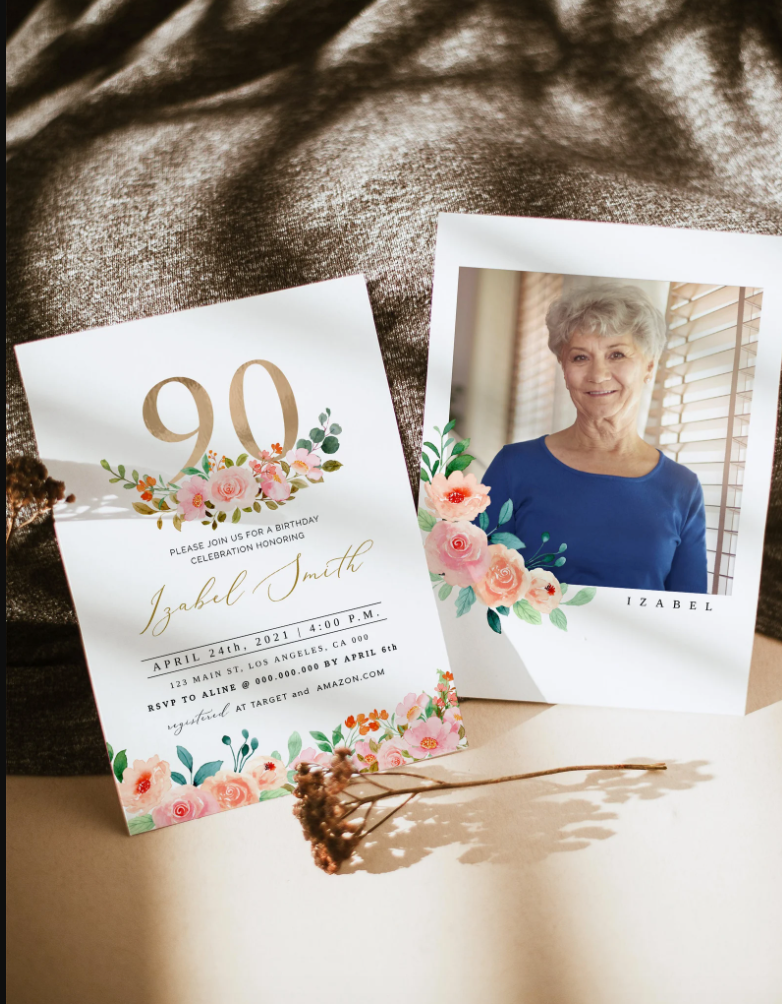 90th Ninetieth Birthday Watercolor Elegant Floral Gold Invitation
