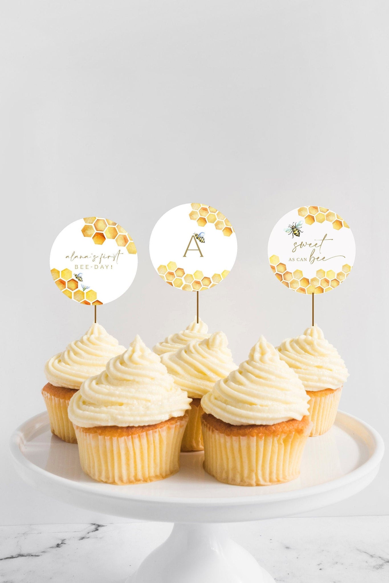 Bee Birthday Cupcake Toppers, Honey Bee-Day Cake Toppers, Honeycomb First Birthday Decor Printable, Instant Download, Bumble Bee Toppers