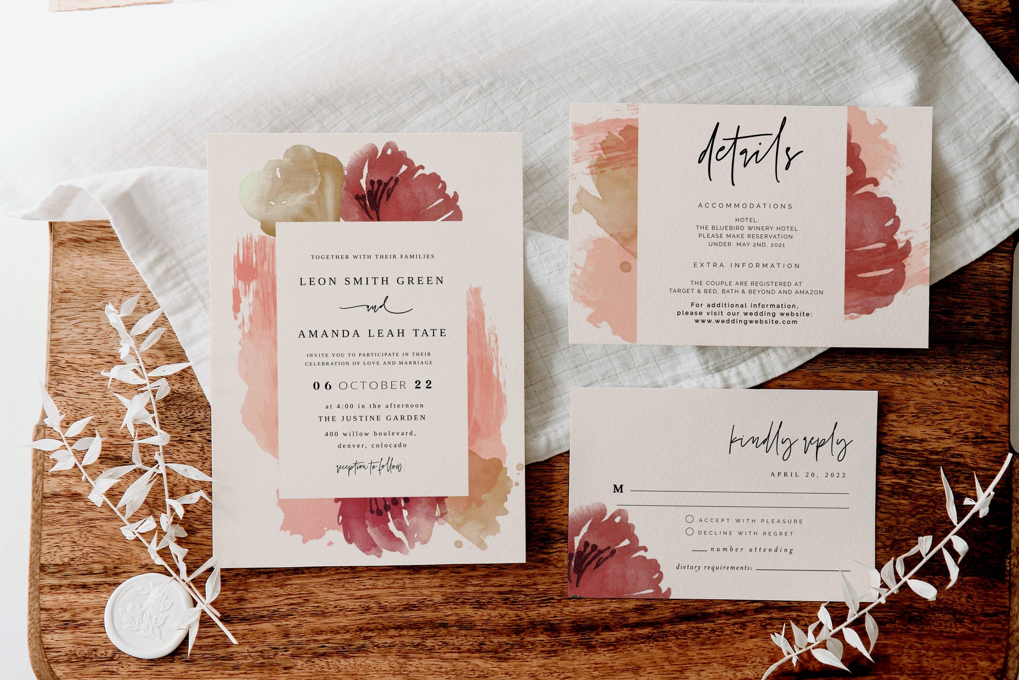 Jada | Watercolor Wedding Invitation Template, Autumn Wedding Invitation, Editable Wedding Invitation Template, Elegant Wedding Invitation