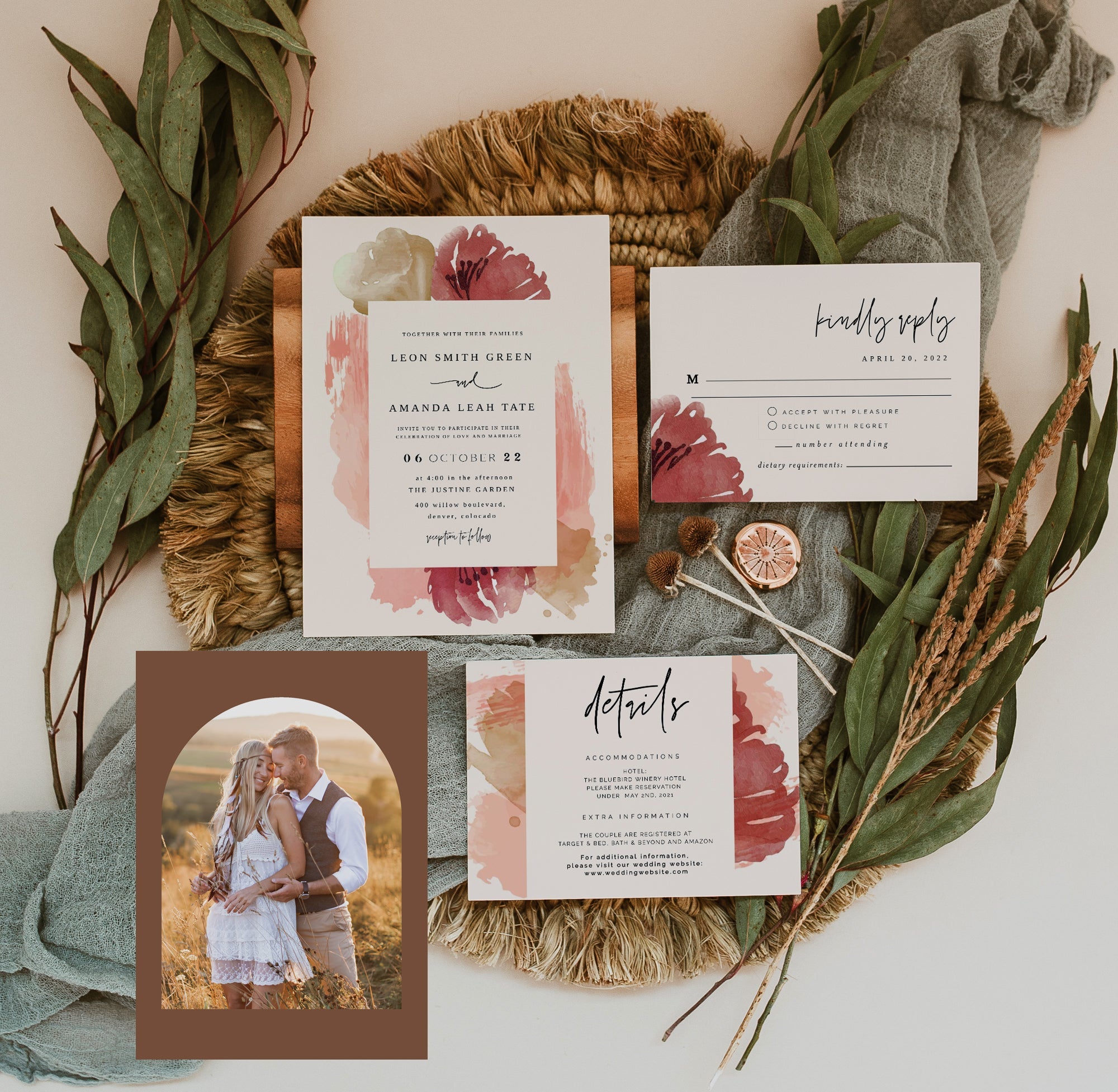 Jada | Watercolor Wedding Invitation Template, Autumn Wedding Invitation, Editable Wedding Invitation Template, Elegant Wedding Invitation
