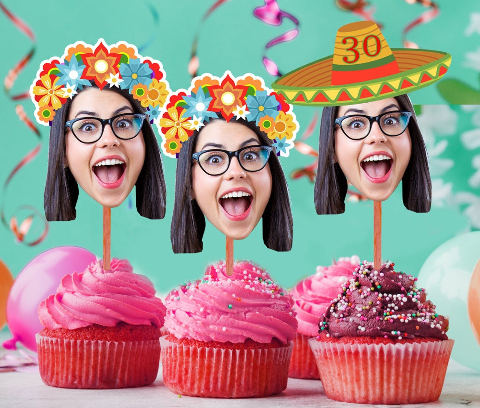 Sombrero Hat Fiesta Photo Cupcake Toppers, Birthday Fiesta Decor Cupcake Toppers, Fiesta Party Decor, Cake Toppers Printable, Mexican Party