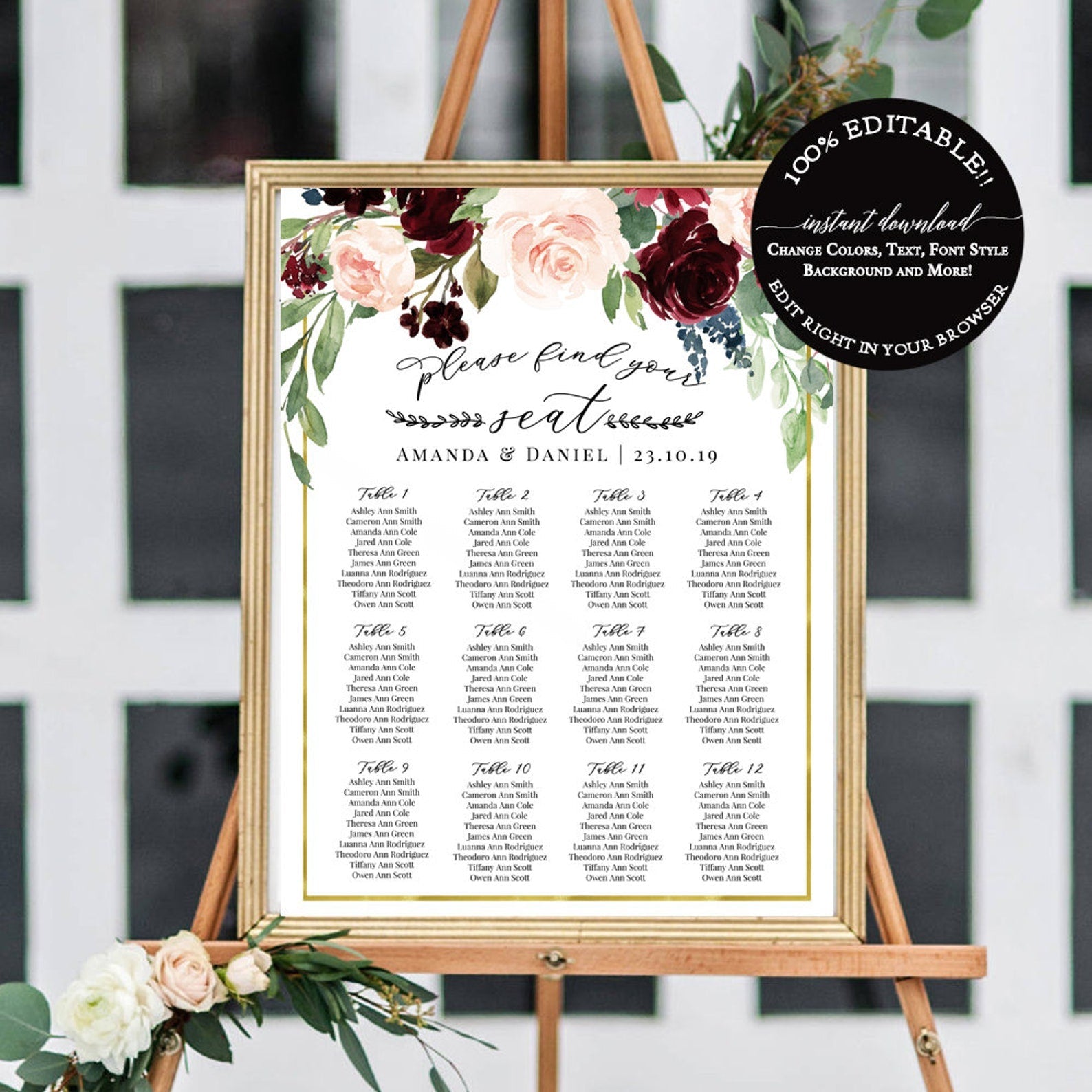 Wedding Seating Chart Template Instant Download, Burgundy Wedding Seating Chart, Boho Merlot & Blush Floral Seating Sign, !00% Editable