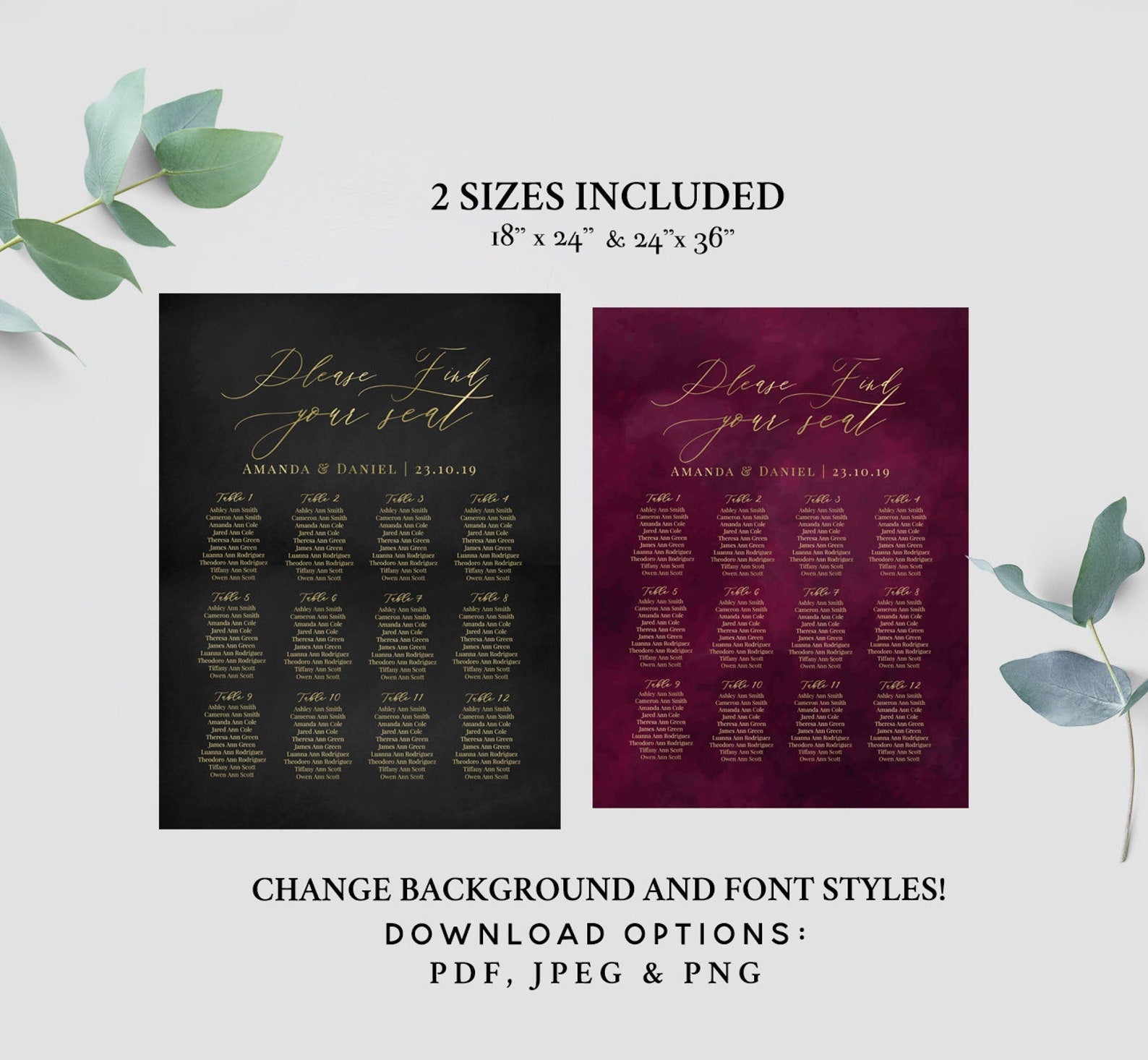 Seating Chart Template, Printable Seating & Table Plan, Instant Download, Burgundy Wedding, 100% Editable, Modern Calligraphy, Boho Wedding