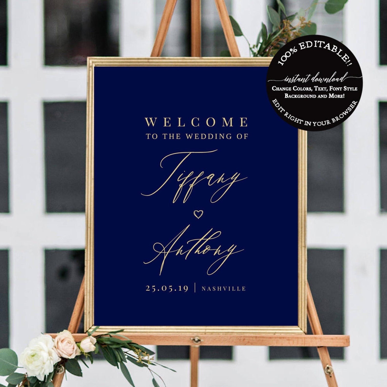 Wedding Sign Template, INSTANT DOWNLOAD, Burgundy Wedding Decor, Welcome Signs, Editable Welcome Sign, 100% Editable, Templett, Gold