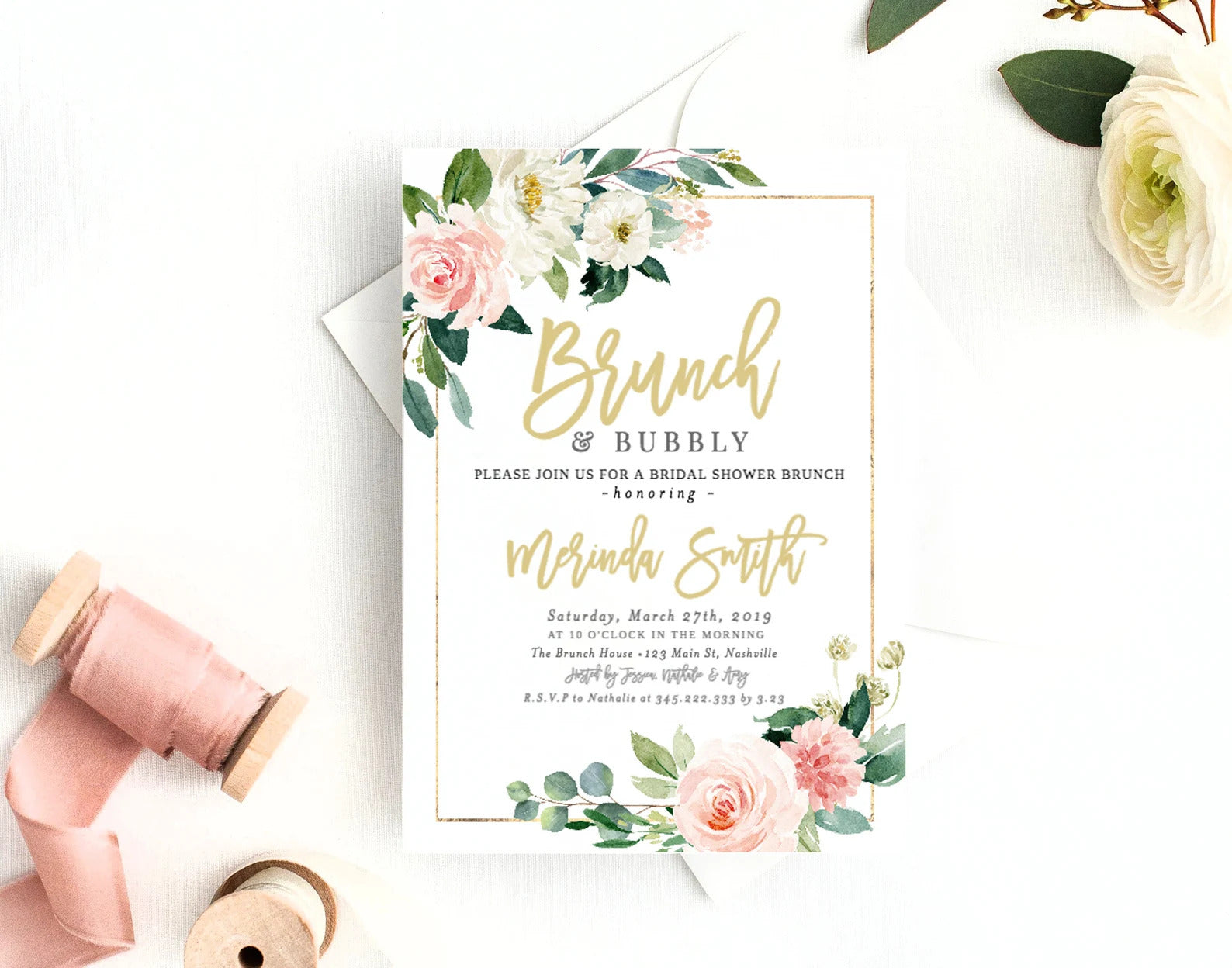 Watercolor Floral Brunch and Bubbly Invitation