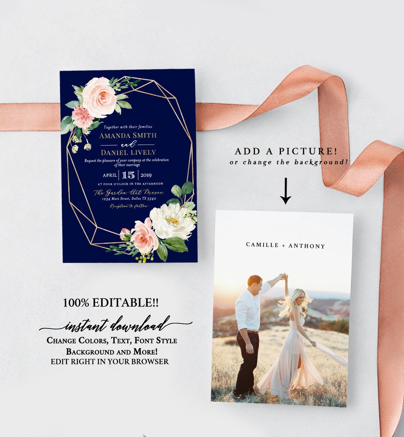 Self-Editing Wedding Invitation Set, Editable Template, Wedding Invitation Suite, Floral Wedding Invitation, INSTANT DOWNLOAD