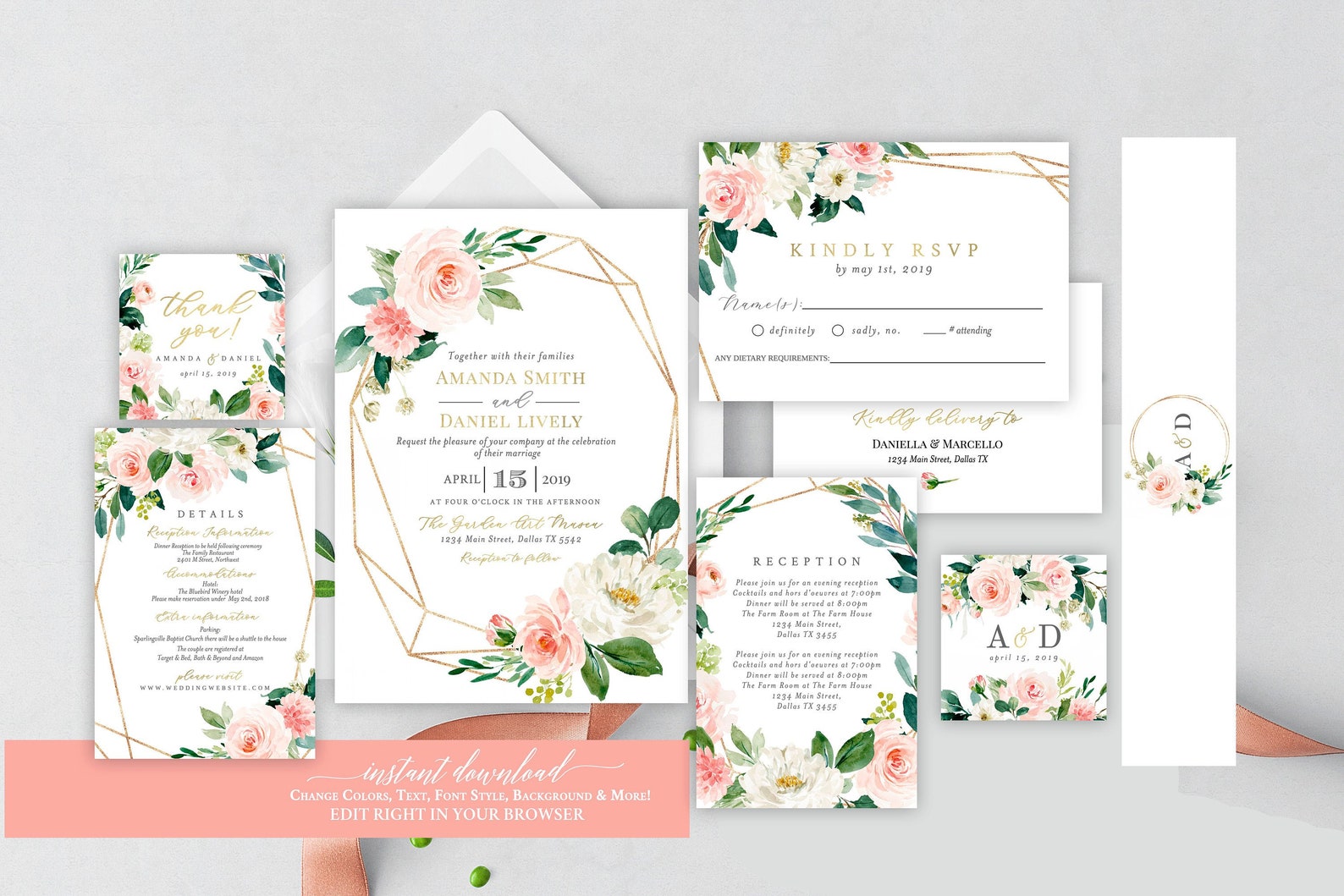 Self-Editing Wedding Invitation Set, Editable Template, Wedding Invitation Suite, Floral Wedding Invitation, INSTANT DOWNLOAD