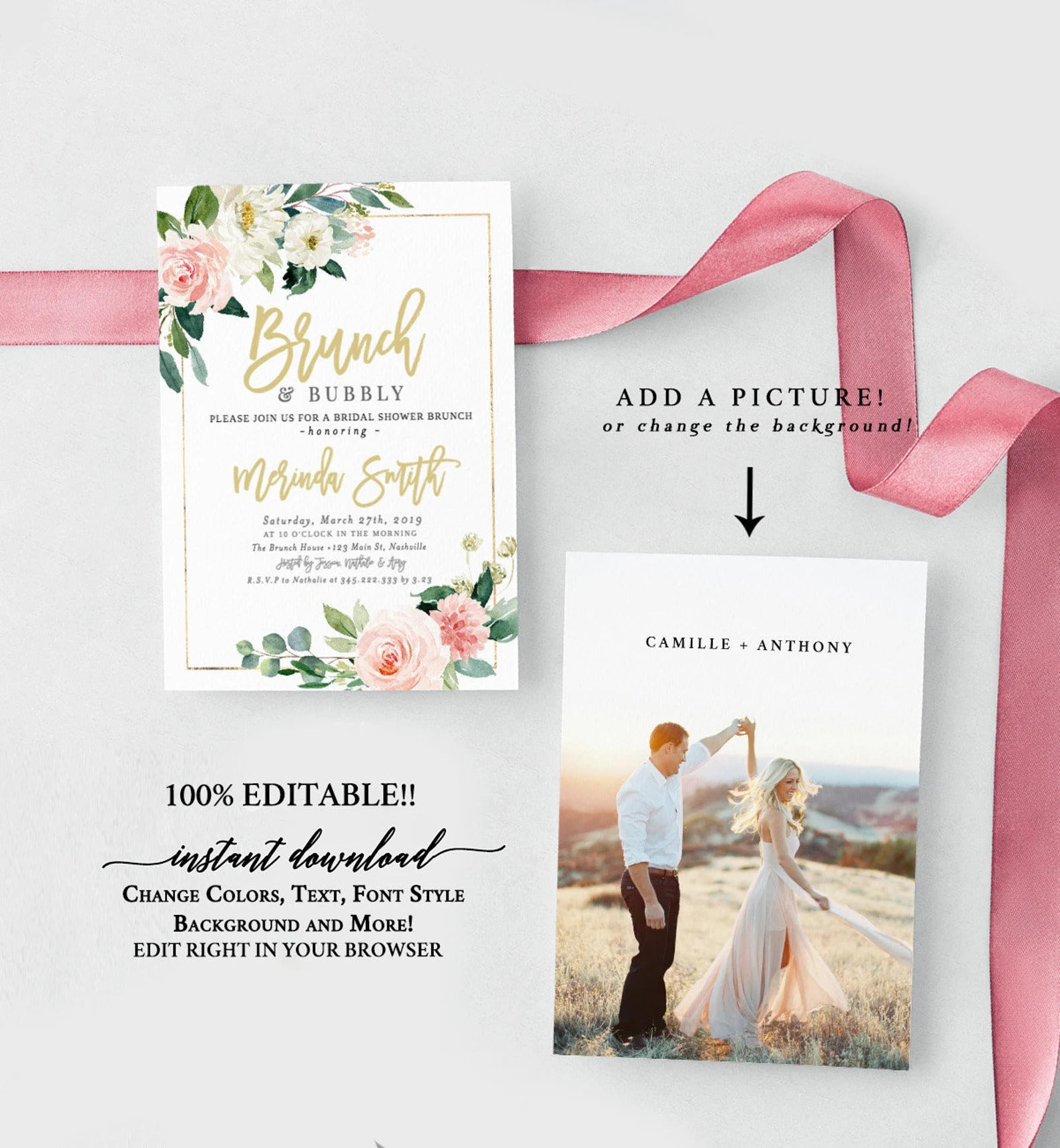 Watercolor Floral Brunch and Bubbly Invitation