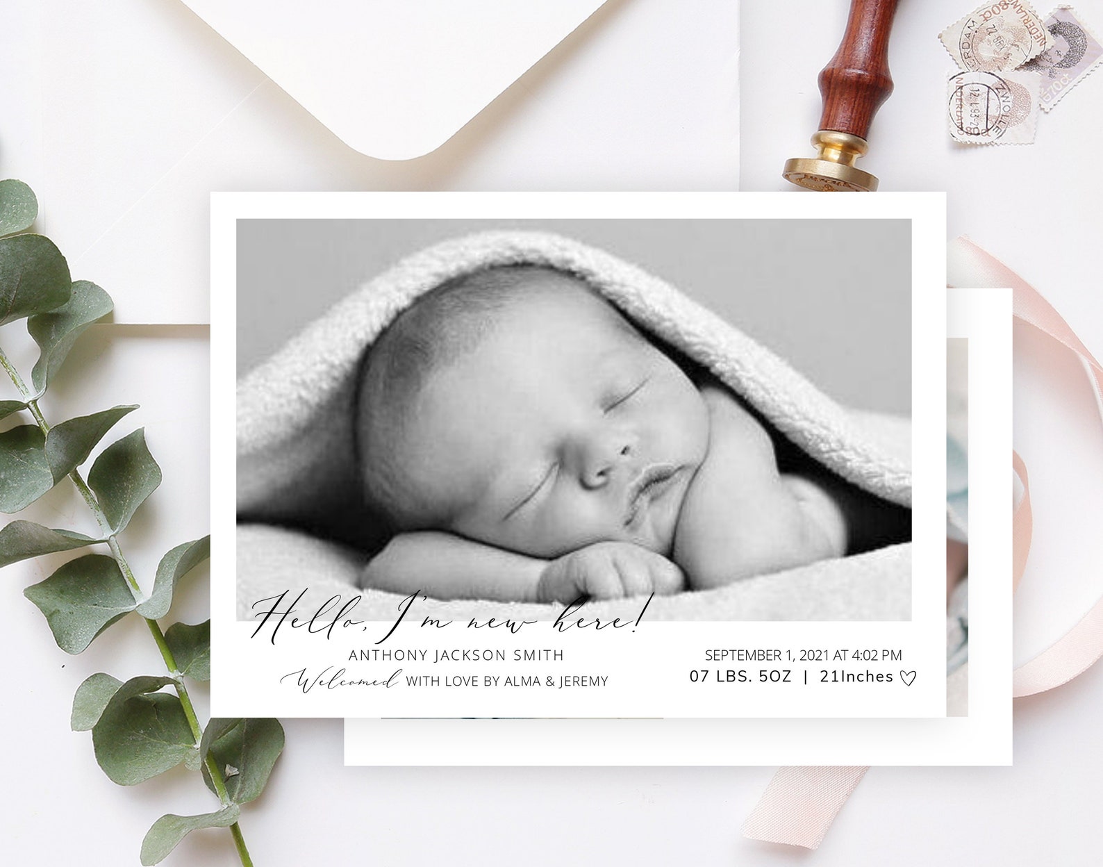 Birth Announcement Template, Printable Photo Birth Announcement Card, Minimalist Birth Announcement, Editable | Templett, DIY