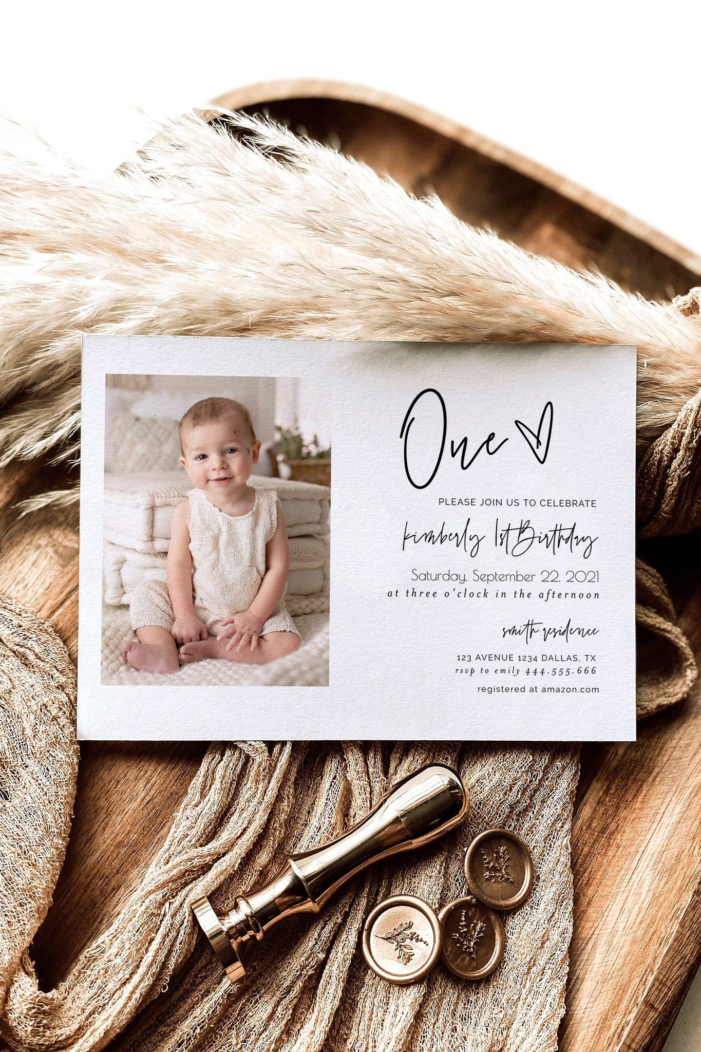Helena | Editable Modern First Birthday Invitation, First Birthday Invitation with Photo Template, Simple Birthday Invitation, Horizontal