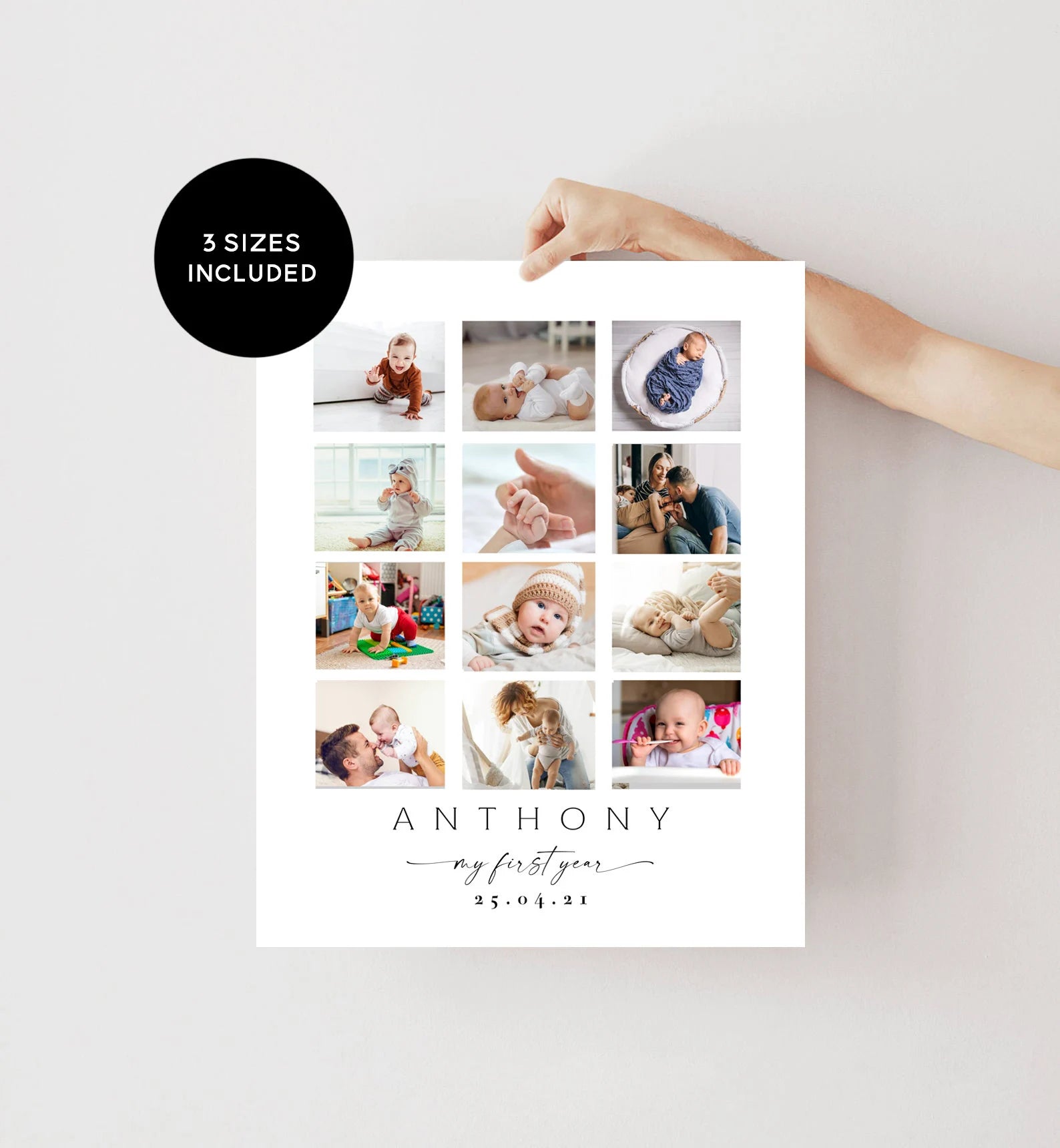 HELENA | First Year Photo Collage Template, 12 Month Photo Collage, 1st Birthday Collage, Modern, Minimalist, Download, 1st Birthday Decor