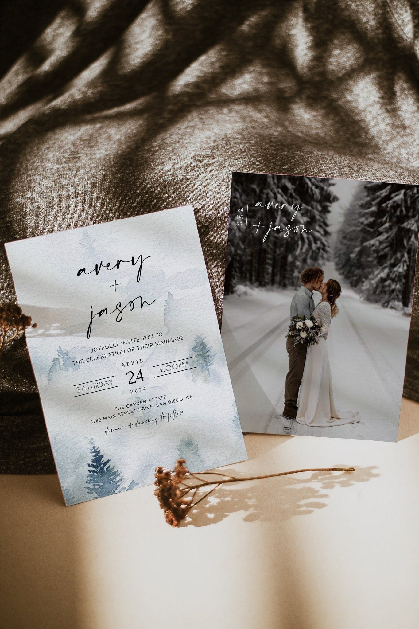 Pine Wedding Invitation Set, Mountain, Woodland Pine, Rustic Wedding, Lakeside Editable Template, Instant Download, Templett