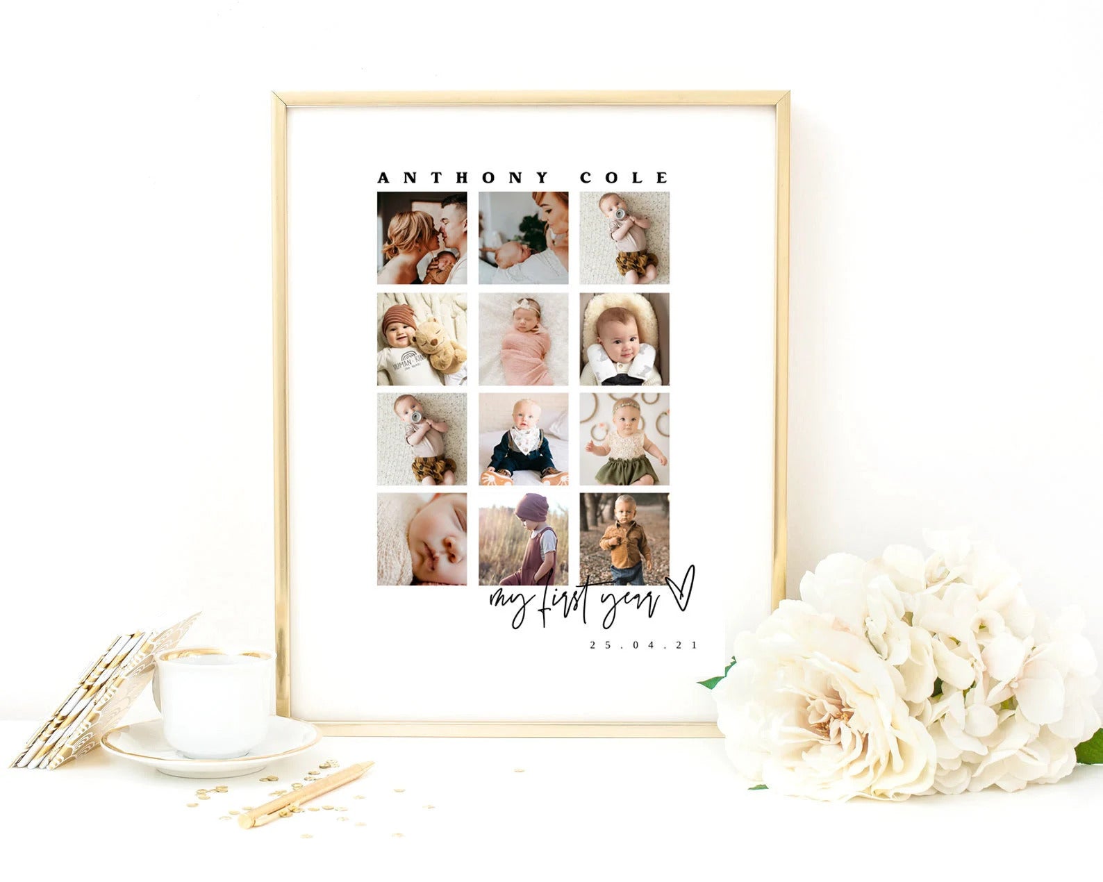 Ellia | First Year Photo Collage Template, Modern Monthly Collage, Minimalist Baby Photo Frame, Simple 12 Month Collage, Elegant 1st Year
