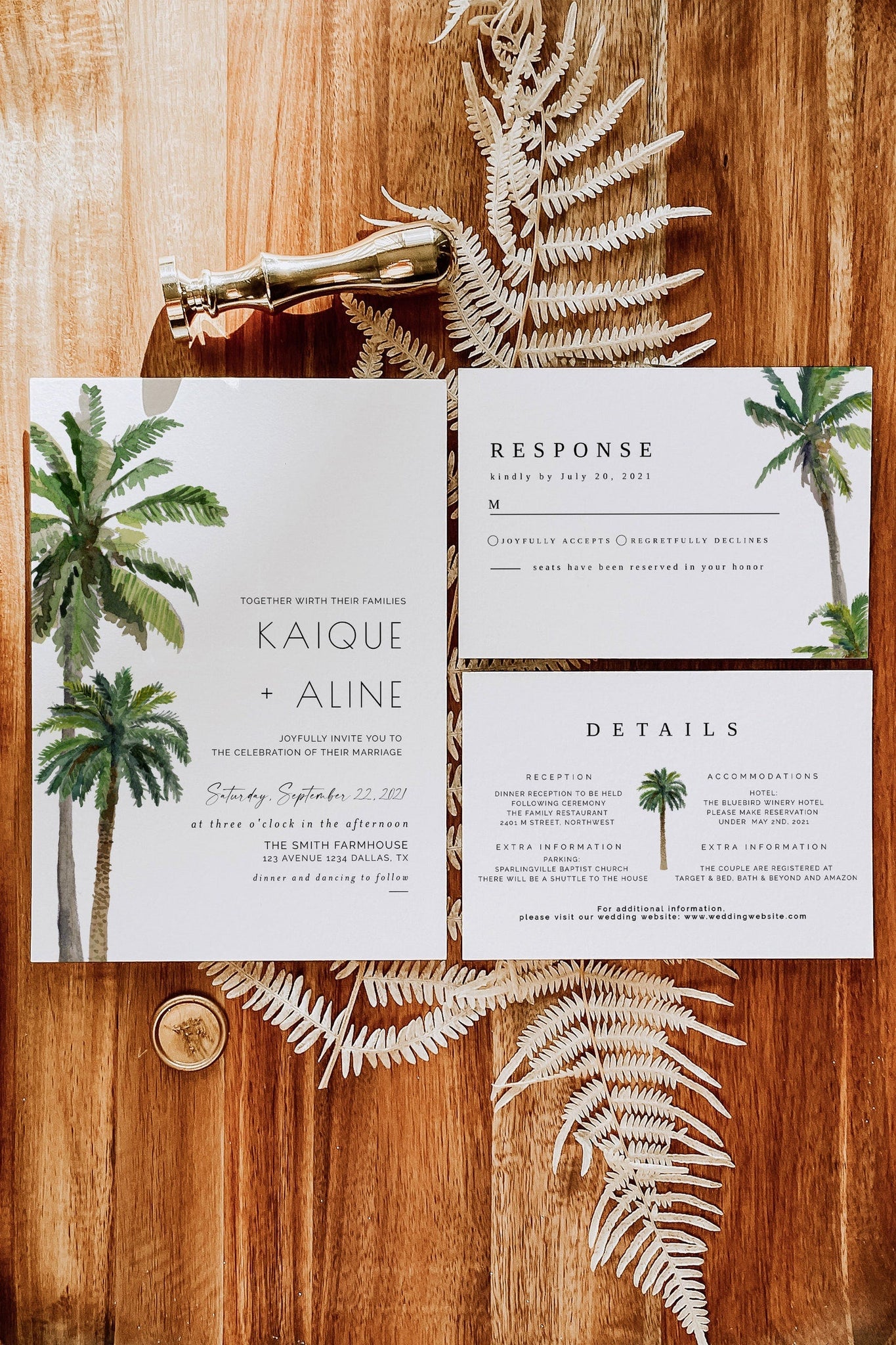 Tropical Wedding Invitation Printable Set, Palm Tree Wedding Invitation Template Suite, Beach Wedding Invitation, Minimal Wedding