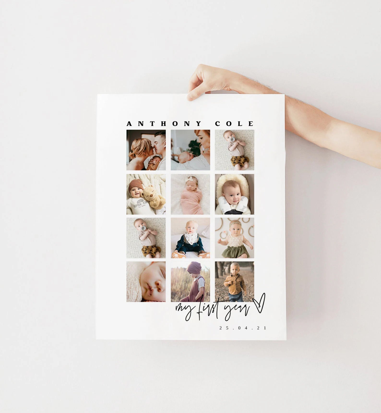 Ellia | First Year Photo Collage Template, Modern Monthly Collage, Minimalist Baby Photo Frame, Simple 12 Month Collage, Elegant 1st Year