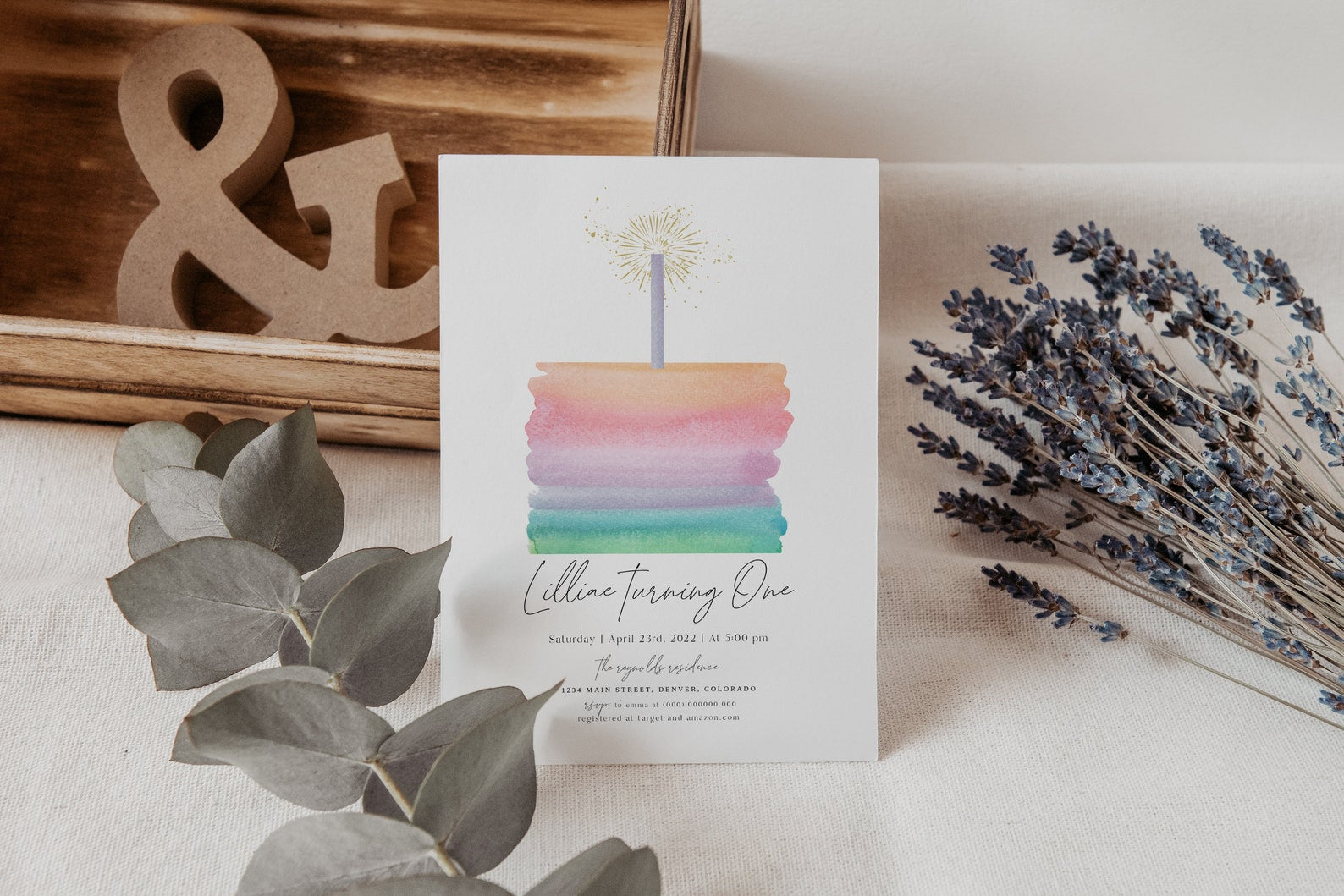 Watercolor Birthday Invitation, Girl 1st Birthday Pastel Invitation, Pastel Rainbow Birthday Invitation, Simple Birthday Invitation, 1st