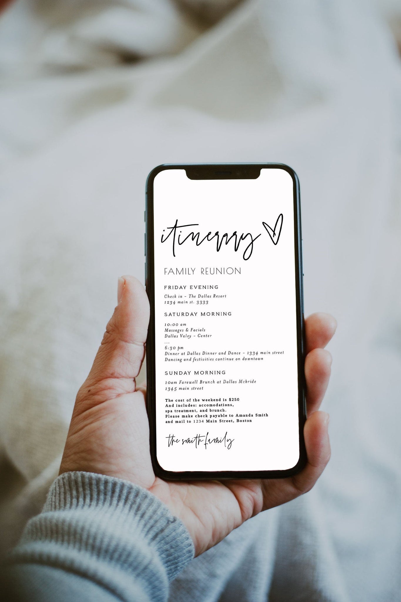 Ellia | Itinerary Electronic Template, Bachelorette, Wedding, Family Reunion, Electronic Schedule, Email Itinerary, Editable Text