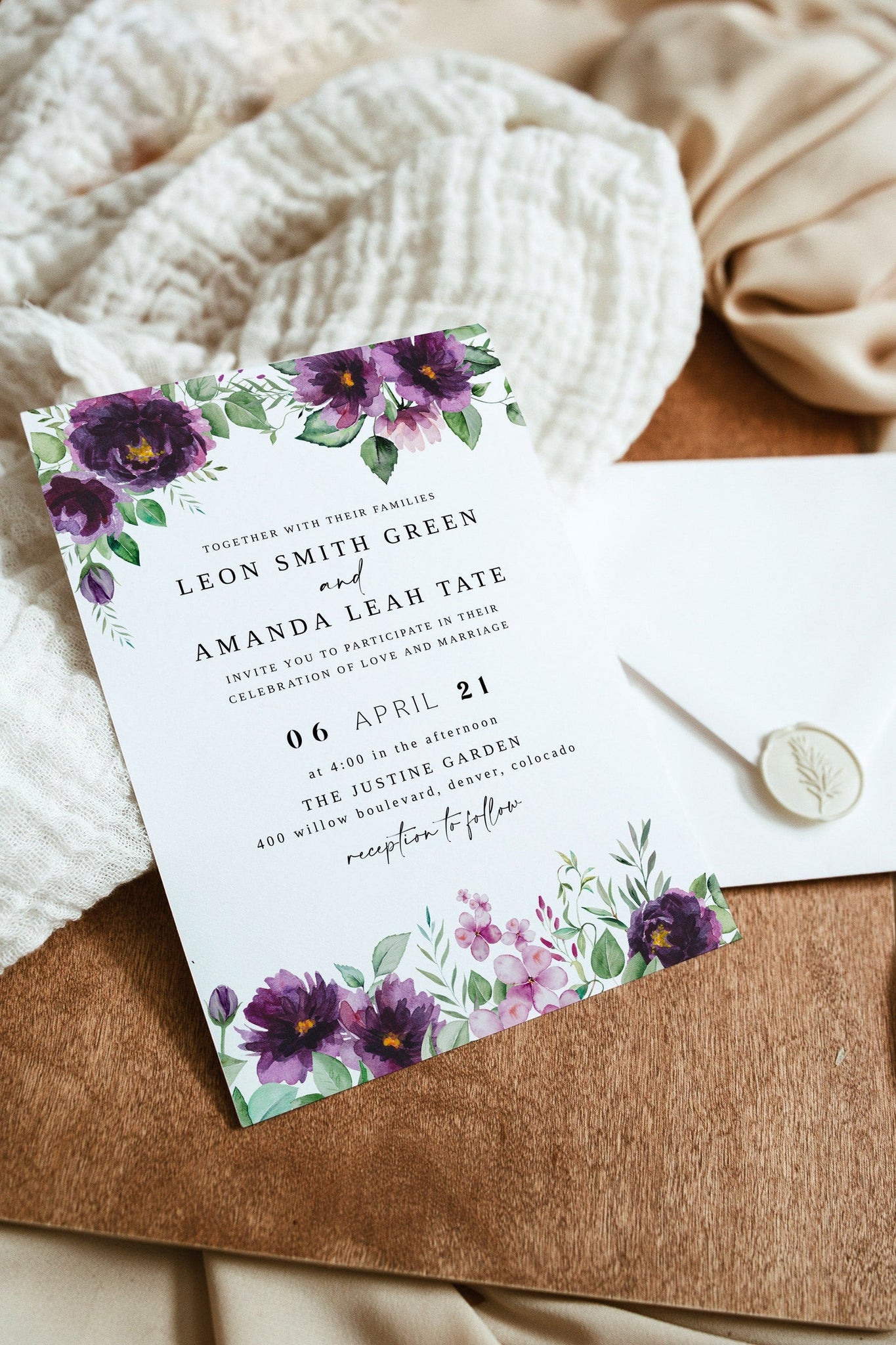 Watercolor Wedding Invitation Set, Purple Flowers Wedding Invitation, Elegant Wedding Invitation Template, Editable Invitation Suite, DIY