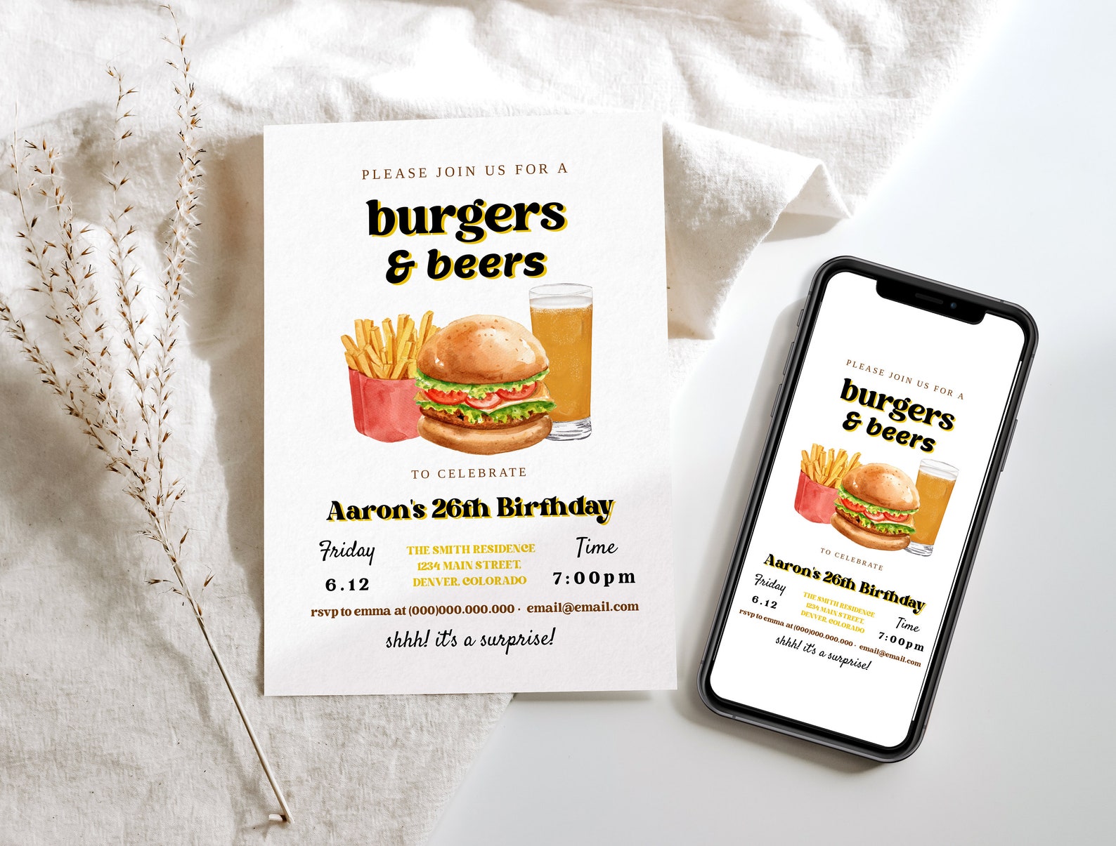 Burgers and Beers Party Invitation, Mens Birthday invitation, Adult Birthday Invitation, Birthday Mobile Evite, Beers Invitation, Guys Party