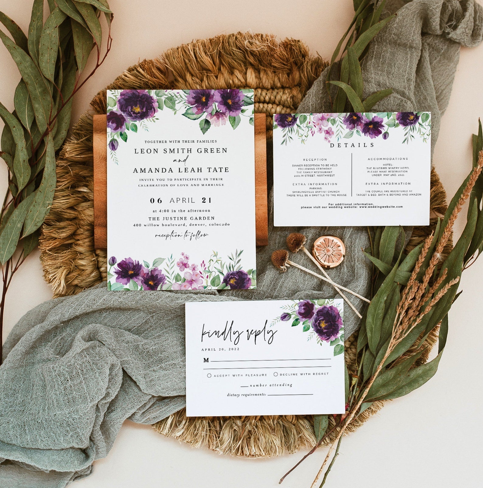 Watercolor Wedding Invitation Set, Purple Flowers Wedding Invitation, Elegant Wedding Invitation Template, Editable Invitation Suite, DIY
