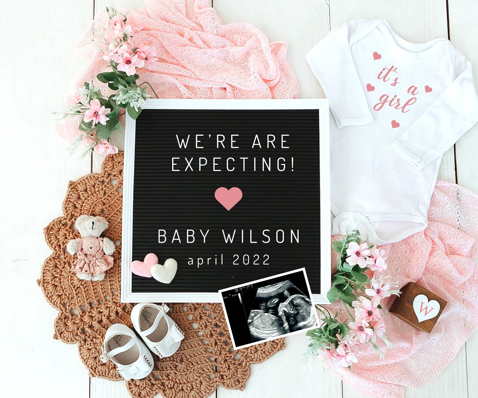 Milena | Digital Social Media Pregnancy Announcement. Girl Baby Gender Reveal. DiY Pregnant Announcement Facebook Instagram. Pink Boho
