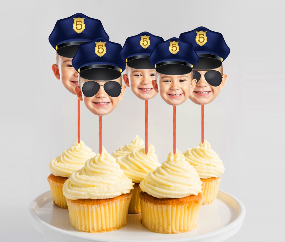 Police Cupcake Toppers, Photo Cupcake Toppers, PRINTABLE Cupcake Toppers, Cupcake Toppers with Photo, Police Birthday Theme, Police Hat