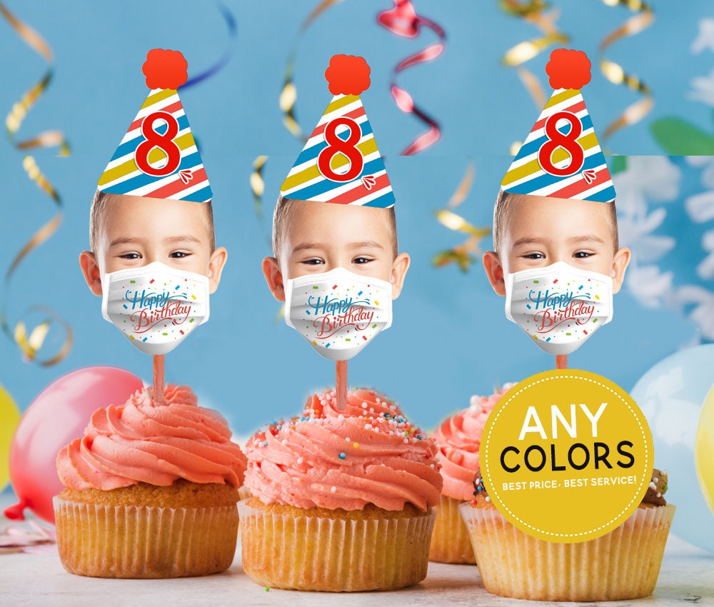 Quarantine Birthday party Cupcake Toppers, Birthday Mask, Cupcake Toppers Face, Quarantine Birthday, Social Distancing