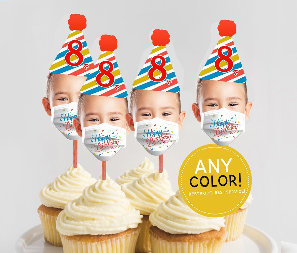 Quarantine Birthday party Cupcake Toppers, Birthday Mask, Cupcake Toppers Face, Quarantine Birthday, Social Distancing