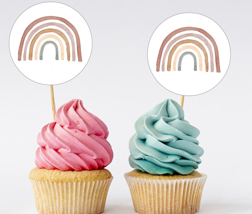 Printable Rainbow Cupcake Toppers, Rainbow Cupcake Topper Template, Modern Boho Rainbow Cupcake Toppers, Editable Cupcake Toppers